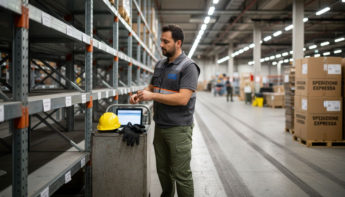 Dipendente in magazzino con abbigliamento da lavoro personalizzato e dispositivi di sicurezza